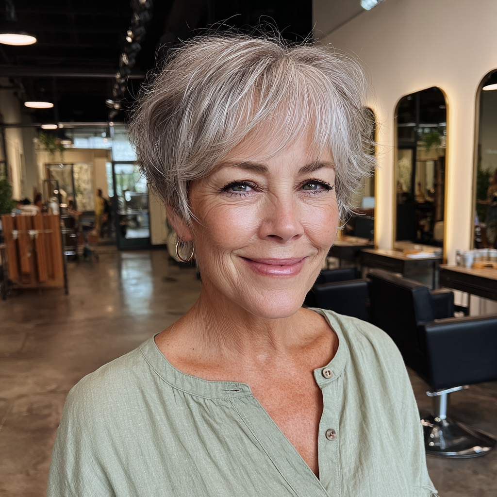 Textured Silver Layered Pixie with Soft Bangs