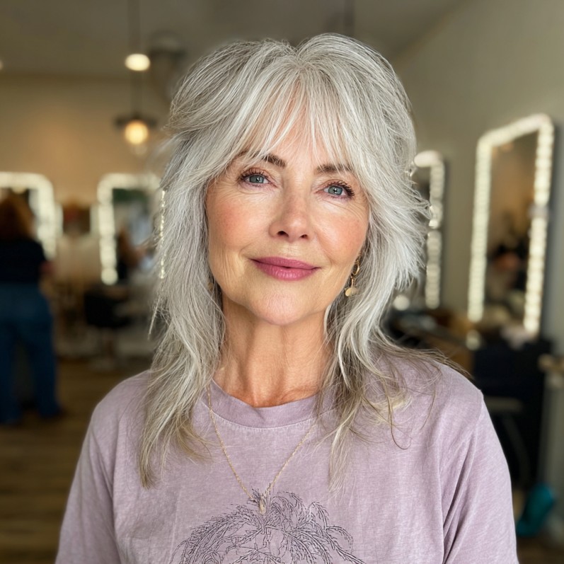 Textured Silver Layers with Playful Bangs