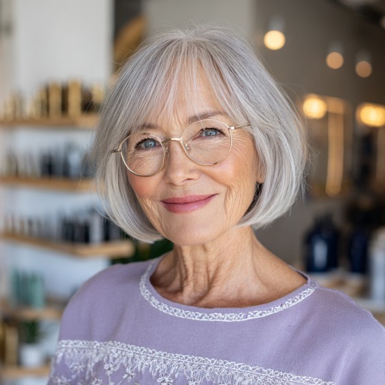 Chic Soft Silver Bob with Framing Bangs