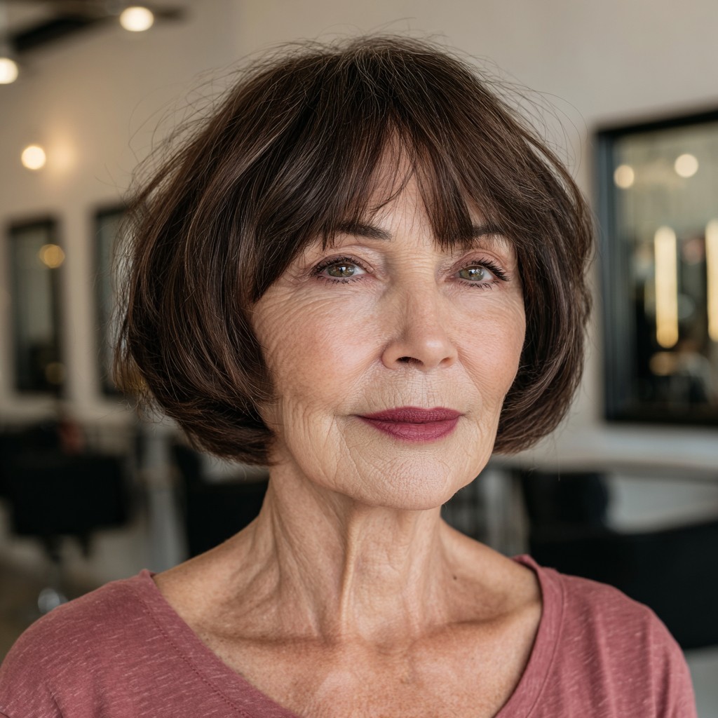 Chic Dark Brown Rounded Bob with Soft Bangs