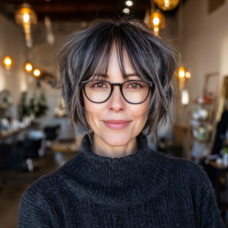 Dynamic Silver Textured Bob with Curtain Bangs