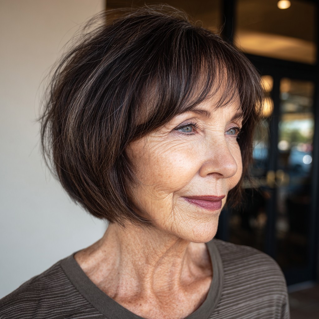 Elegant Dark Brown Textured Bob with Soft Bangs
