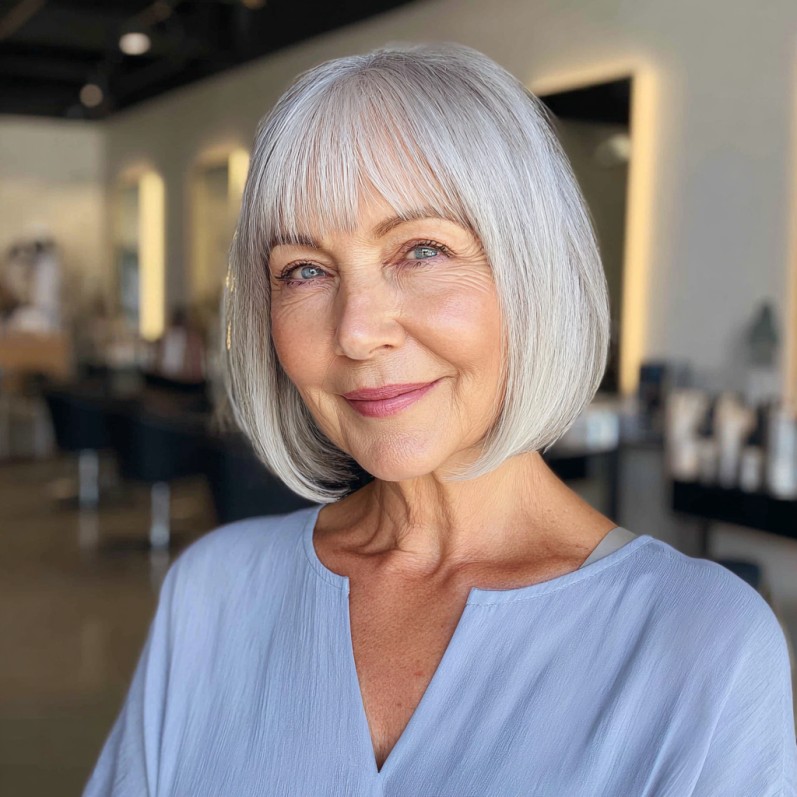 Modern Silver Bob with Soft Fringed Bangs