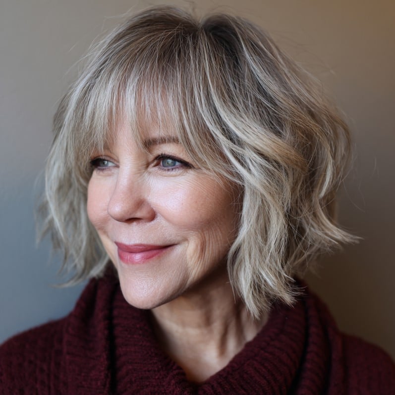 Softly Textured Choppy Bob with Fringed Curtain Bangs