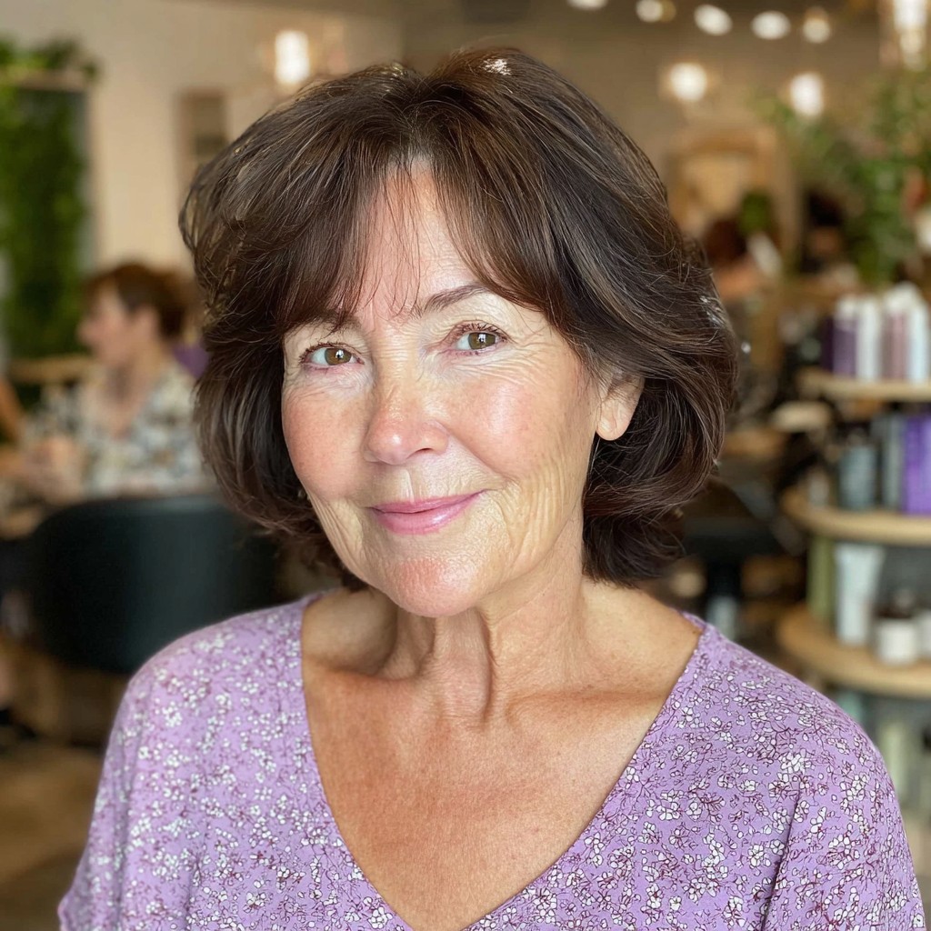 Softly Textured Dark Brown Shoulder-Length Cut with Gentle Waves