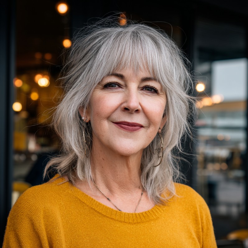 Softly Textured Long Choppy Bob with Side-Swept Bangs