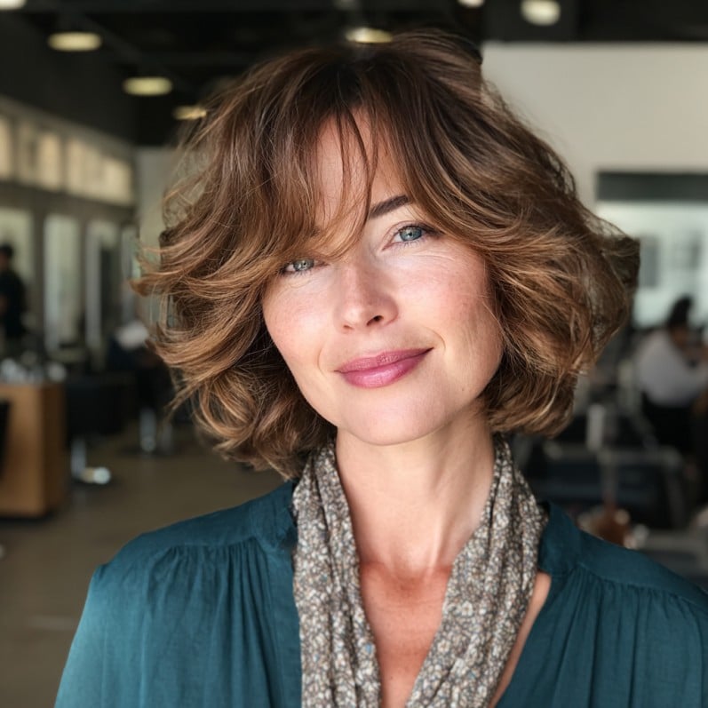 Textured Choppy Bob with Soft Waves and Curtain Bangs