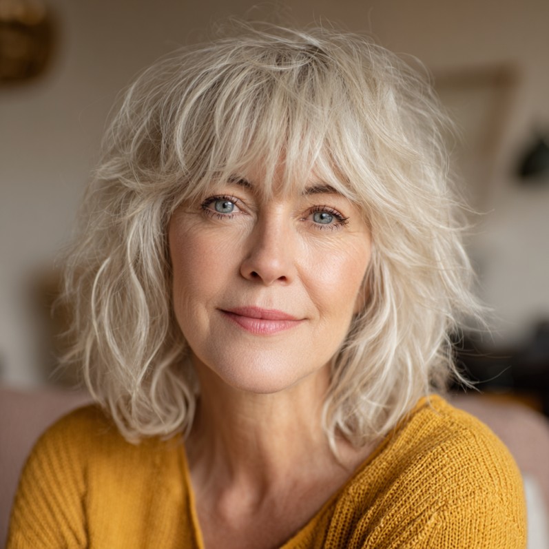Textured Long Choppy Bob with Wispy Bangs