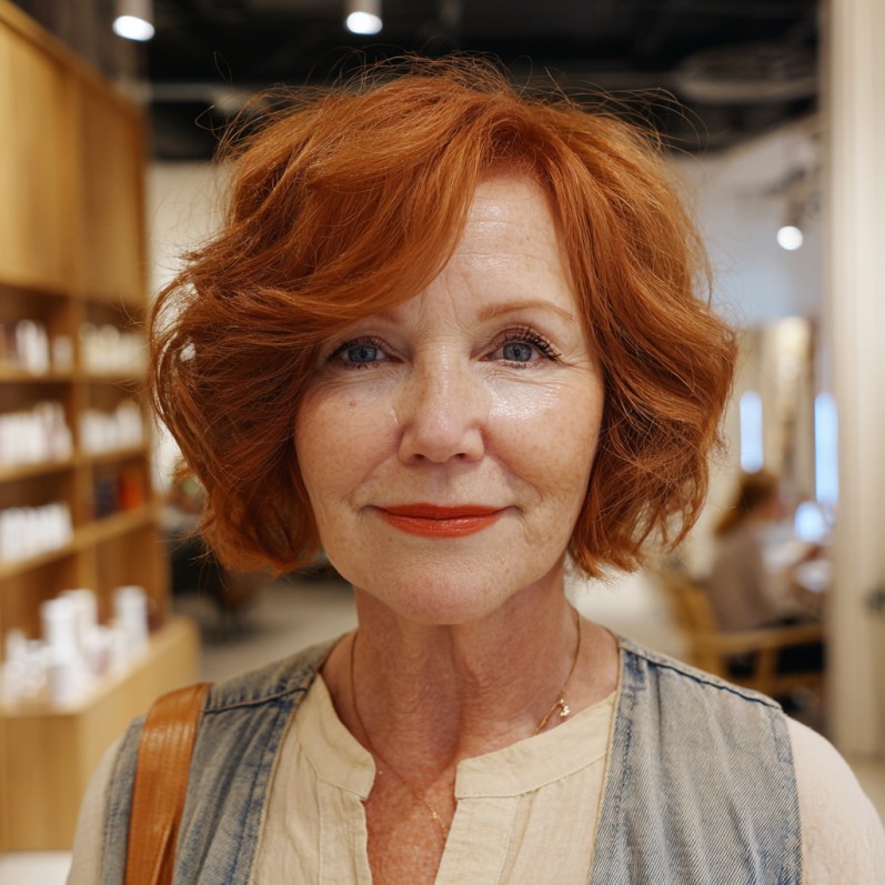 chic textured jaw length bob with warm copper highlights