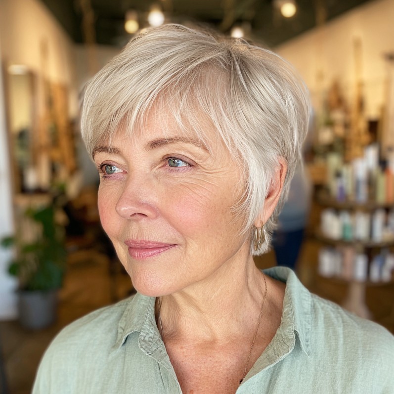 Soft Textured Silver Pixie Cut with Wispy Layers