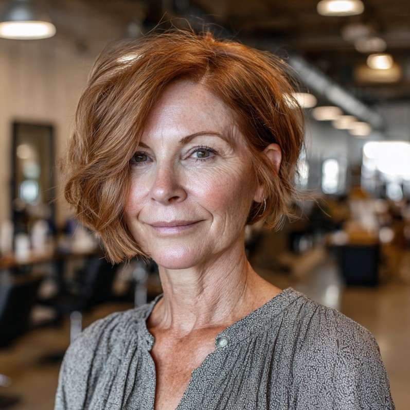 Stylish Textured Jaw-Length Cut with Warm Ginger Undertones
