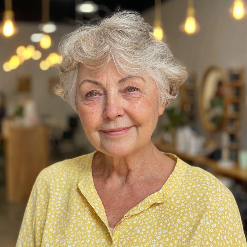 Charming Short Curly Silver Hairstyle with Soft Layers