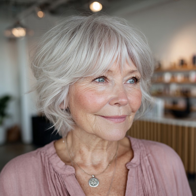 Chic Layered Silver Shag with Soft Bangs