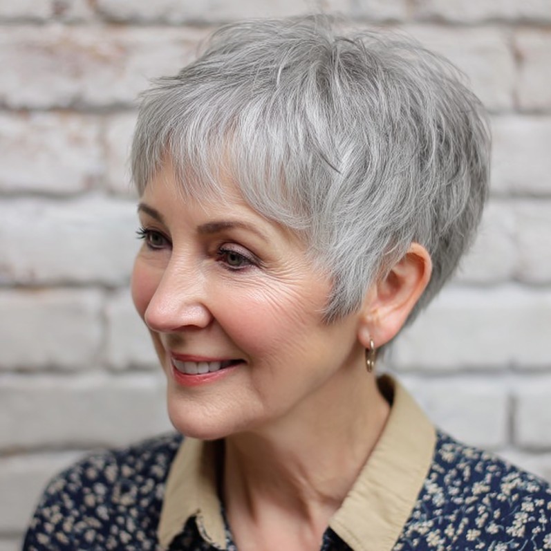 Chic Textured Silver Pixie Cut with Soft Wispy Layers