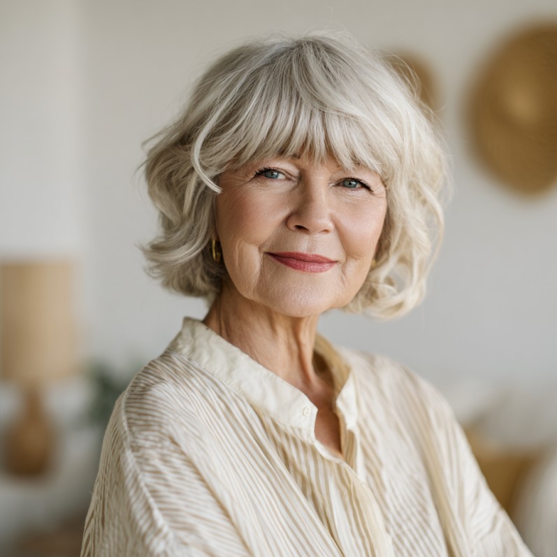 Chic Wavy Short Cut with Feathered Curtain Bangs