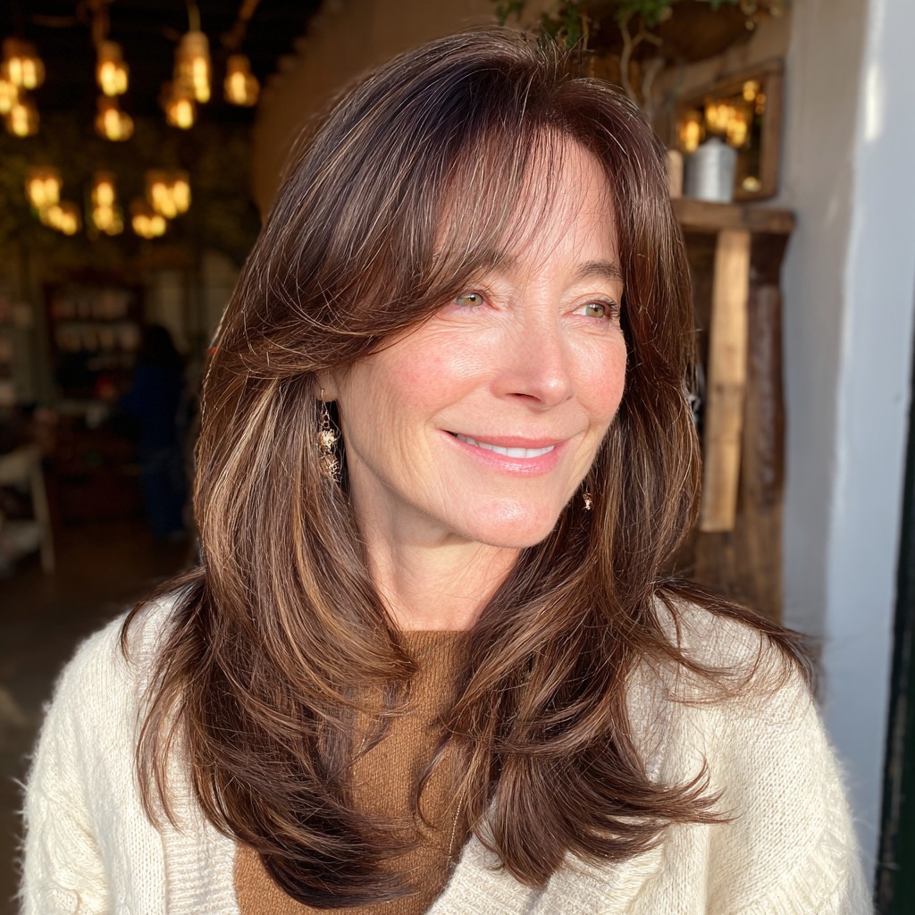 Elegant Layered Brunette Cut with Face-Framing Bangs