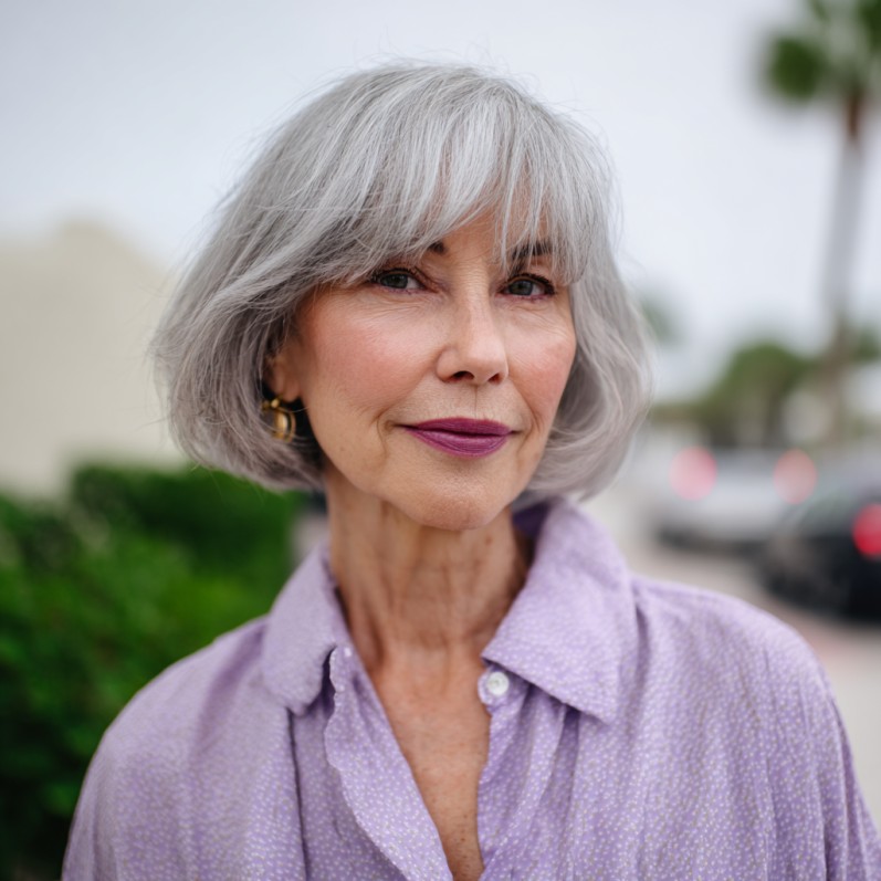Soft Silver Bob with Curtain Bangs