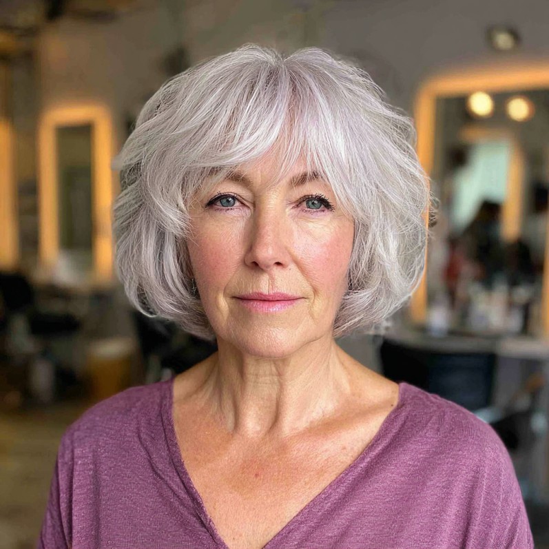 Soft Silver Bob with Feathered Curtain Bangs