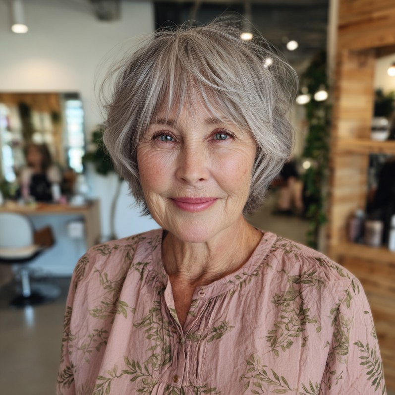 Softly Layered Silver Cut with Textured Curtain Bangs