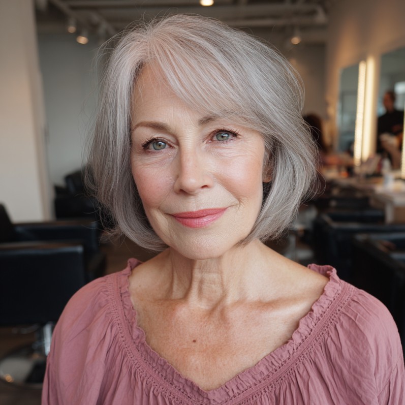 Softly Layered Silver Lob with Subtle Face-Framing Highlights
