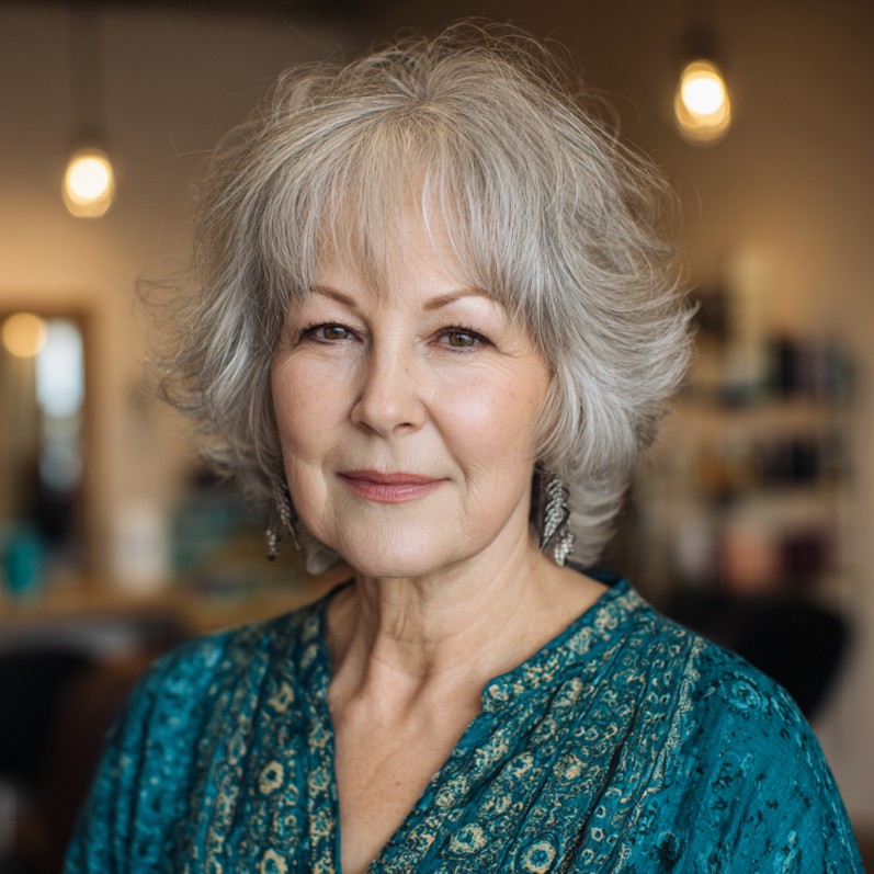 Softly Textured Silver Layered Cut with Face-Framing Bangs