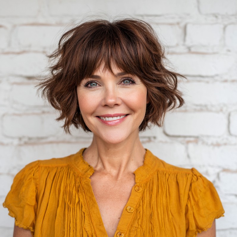 Textured Chestnut Choppy Bob with Soft Bangs