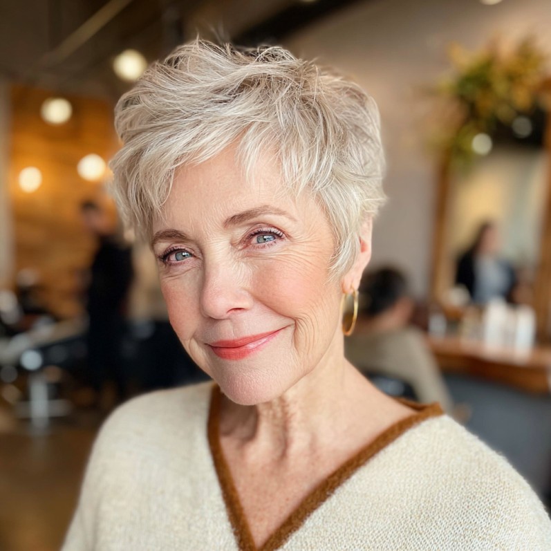 Textured Platinum Pixie Cut with Wispy Layers