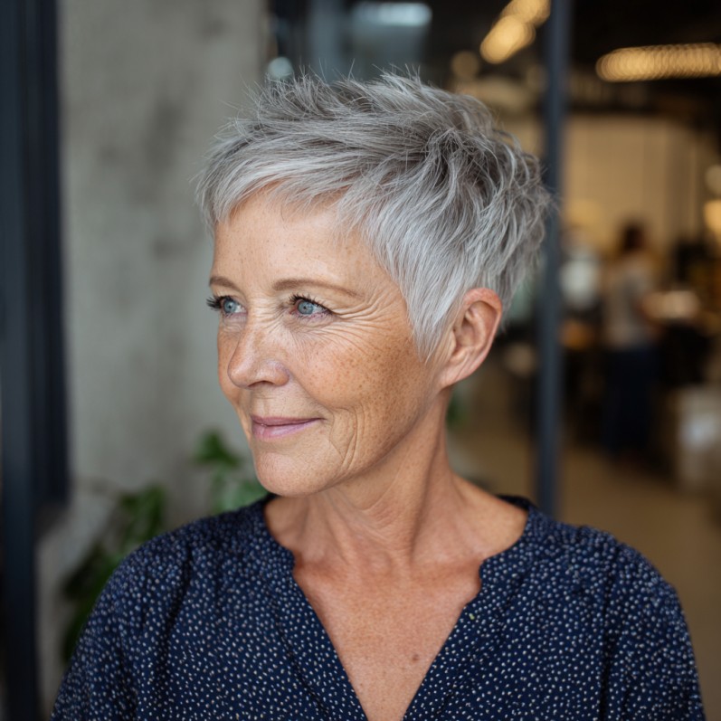 Textured Short Grey Pixie with Defined Layers
