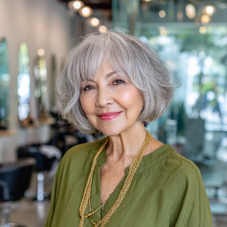 Textured Silver Bob with Soft Curtain Bangs