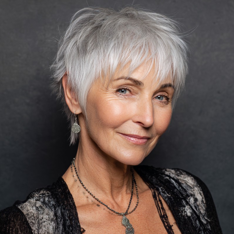 Textured Silver Pixie Cut with Choppy Bangs