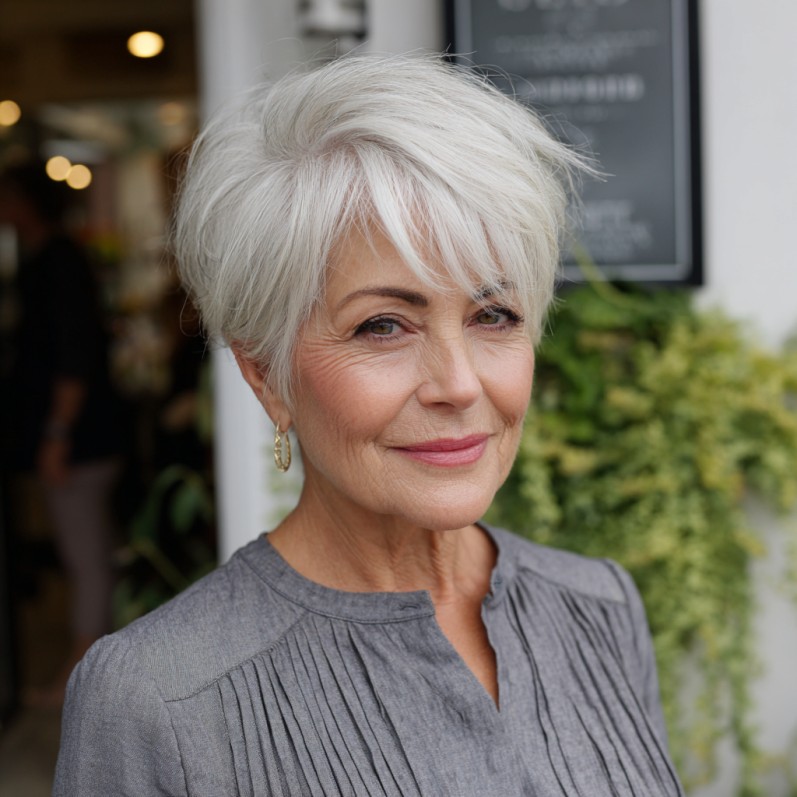Textured Silver Pixie Cut with Soft Side Swept Bangs