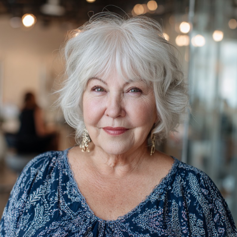 Textured Silver Shag with Soft Curtain Bangs