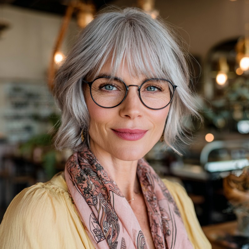 Trendy Textured Gray Bob with Choppy Bangs