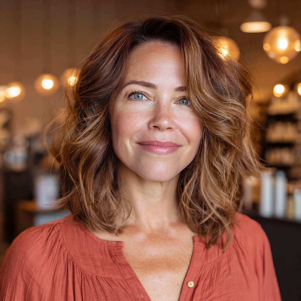 Textured Shoulder-Length Cut with Light Brown Highlights