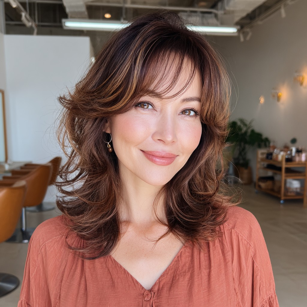 Chic Layered Cut with Light Brown Highlights