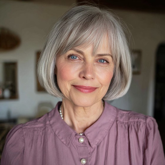 Chic Soft Grey Blunt Bob with Subtle Bangs
