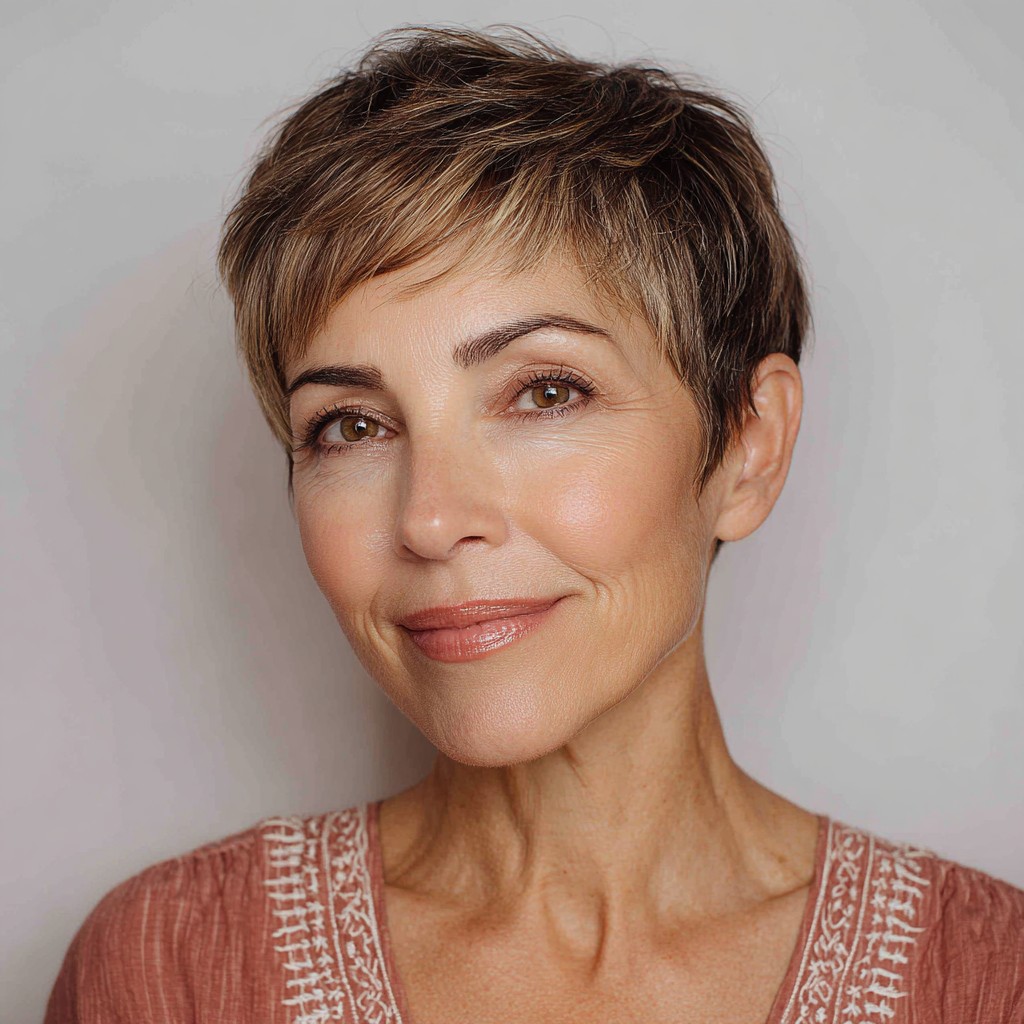 Chic Textured Pixie Cut with Light Brown Highlights