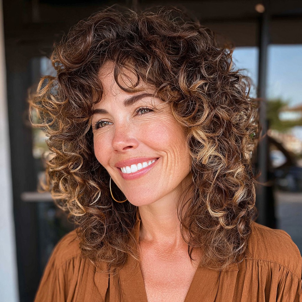 Curly Layered Cut with Light Brown Highlights