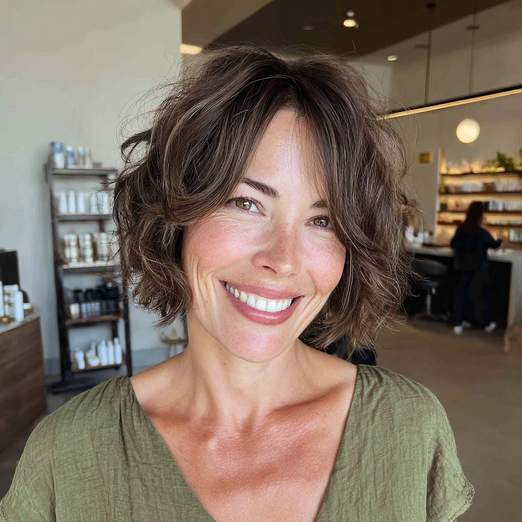 Effortless Curly Bob with Light Brown Highlights