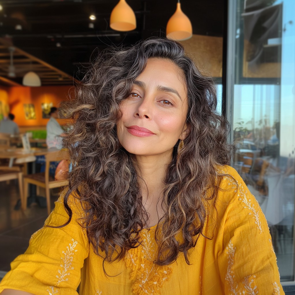 Effortless Curly Layers with Light Brown Highlights