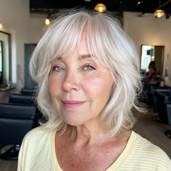 Effortlessly Chic Soft Grey Shag with Wispy Bangs