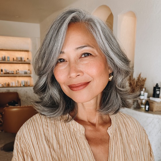 Graceful Silver Layered Lob with Soft Movement