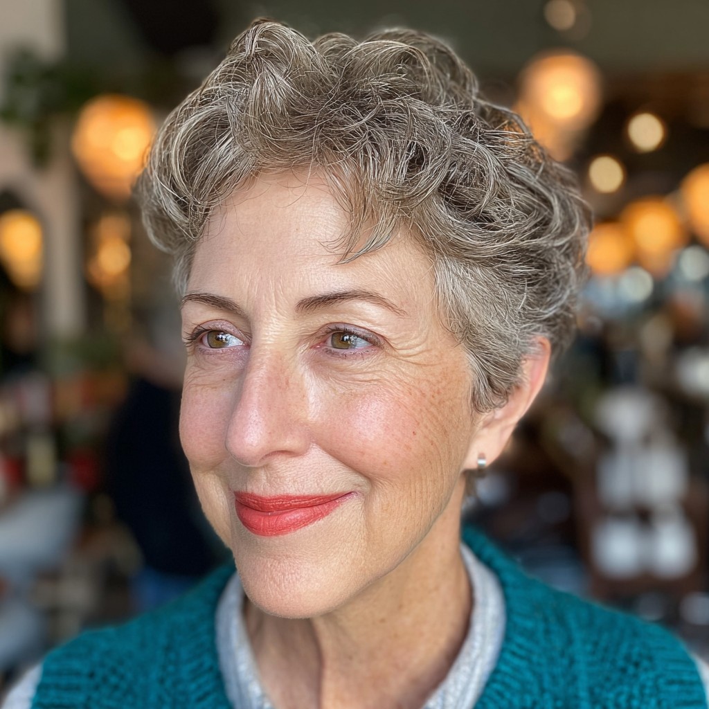 Modern Curly Silver Pixie with Soft Texture