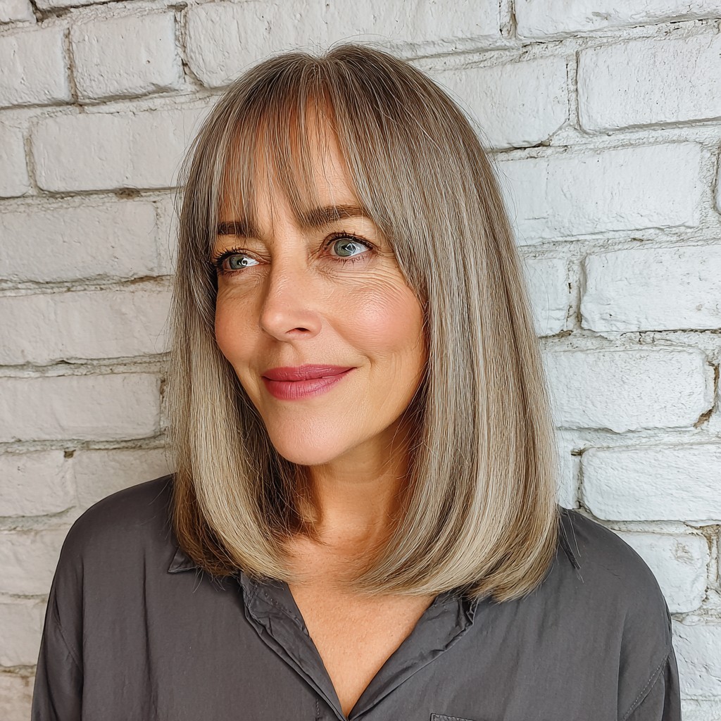 Modern Long Bob with Soft Bangs and Subtle Shine