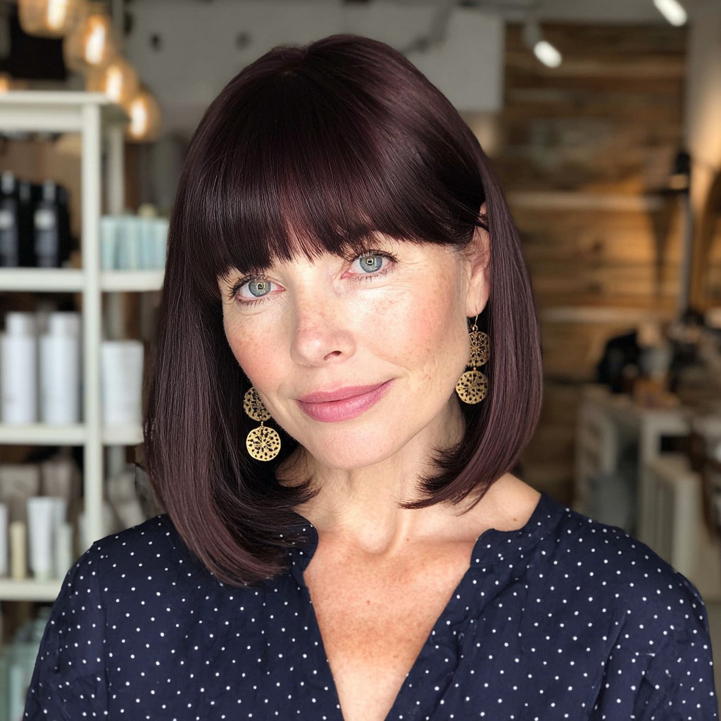 Sleek Chocolate Lob with Soft Bangs