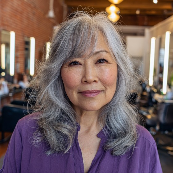 Soft Layered Grey Waves with Side Bangs