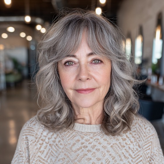 Softly Curled Grey Lob with Wispy Bangs