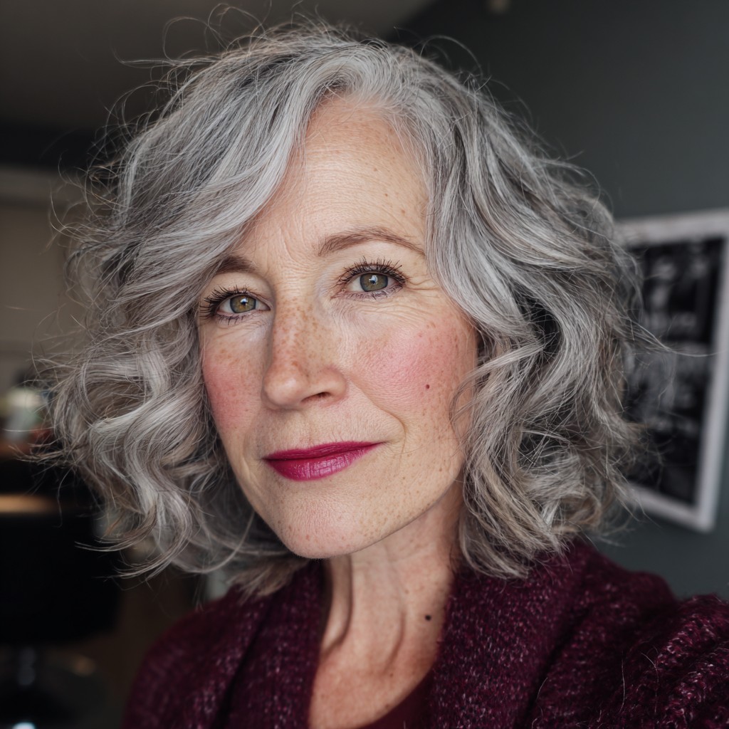 Softly Curled Silver Lob with Natural Bounce