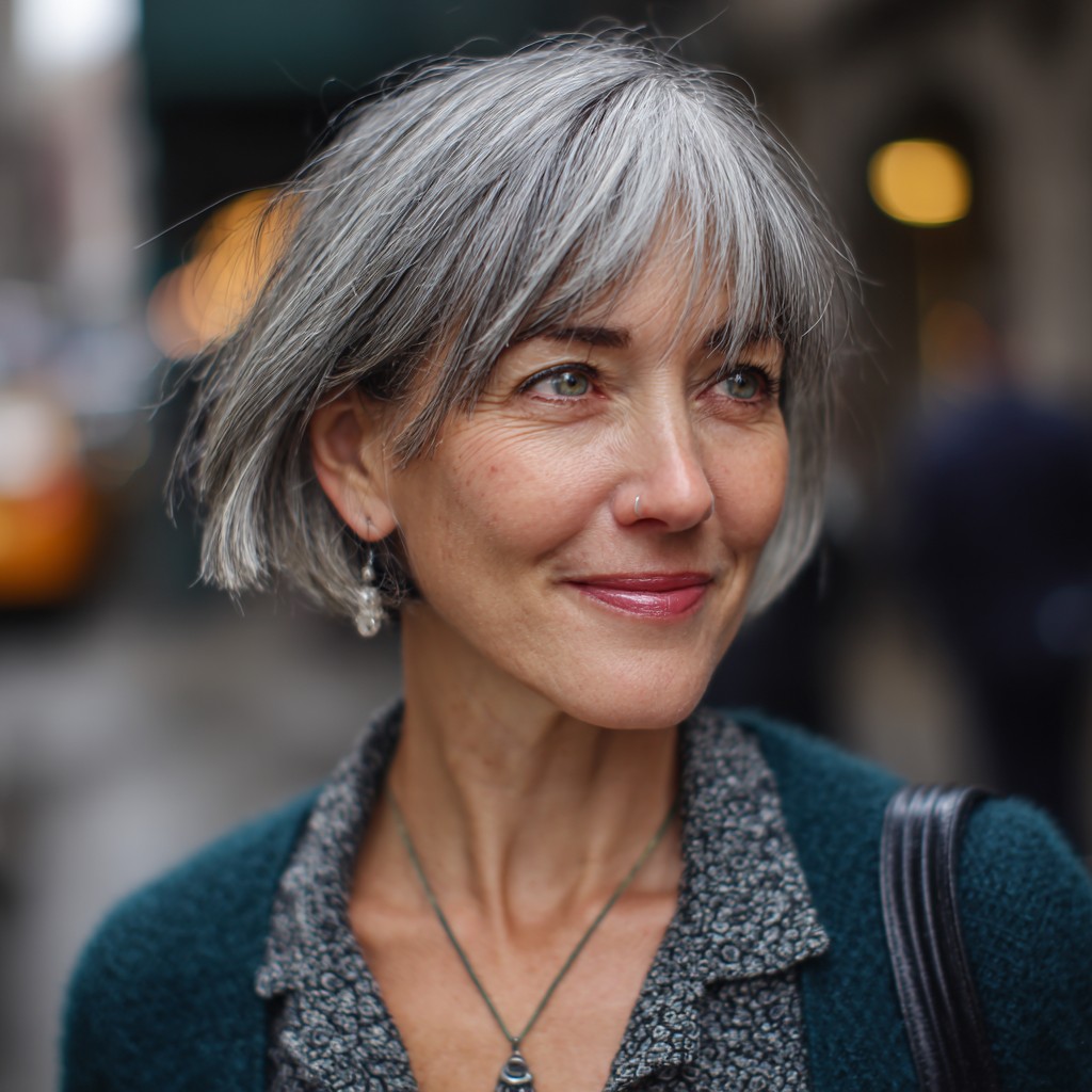 Softly Layered Gray Bob with Face-Framing Bangs