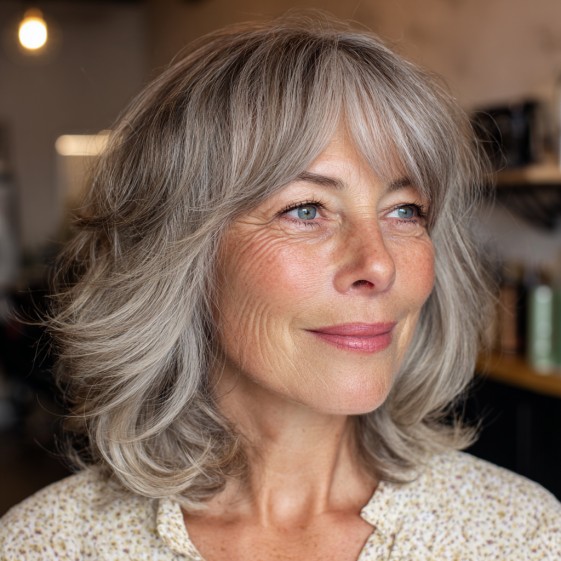 Softly Layered Grey Lob with Wispy Bangs